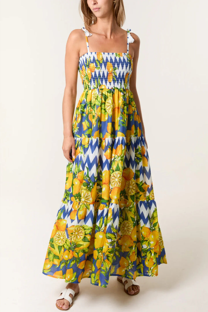 Lemon Print Shirred Maxi Dress