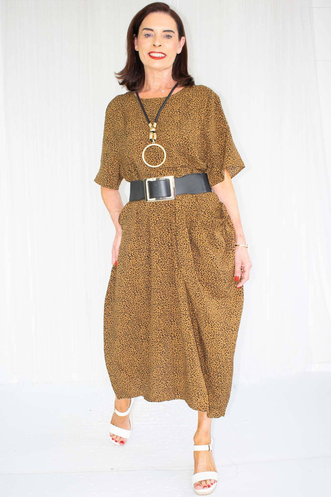Leopard Print Round Neck Slouch Pocket Dress
