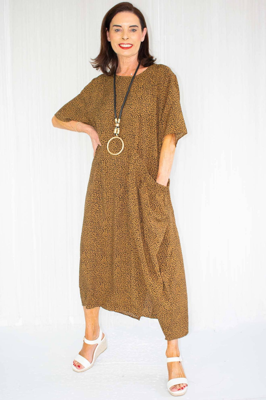Leopard Print Round Neck Slouch Pocket Dress