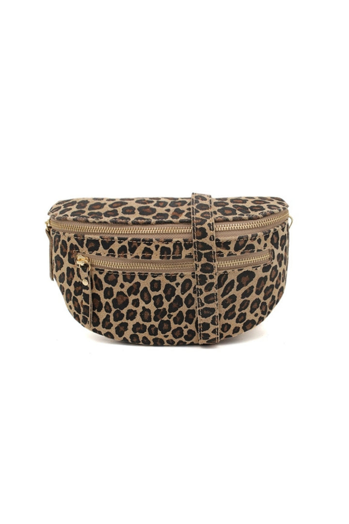 Leopard Print Suede Half Moon Crossbody Bag