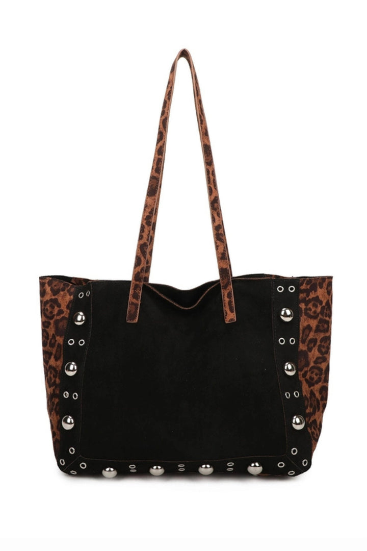 Leopard &amp; Black Suede Studded Tote Bag