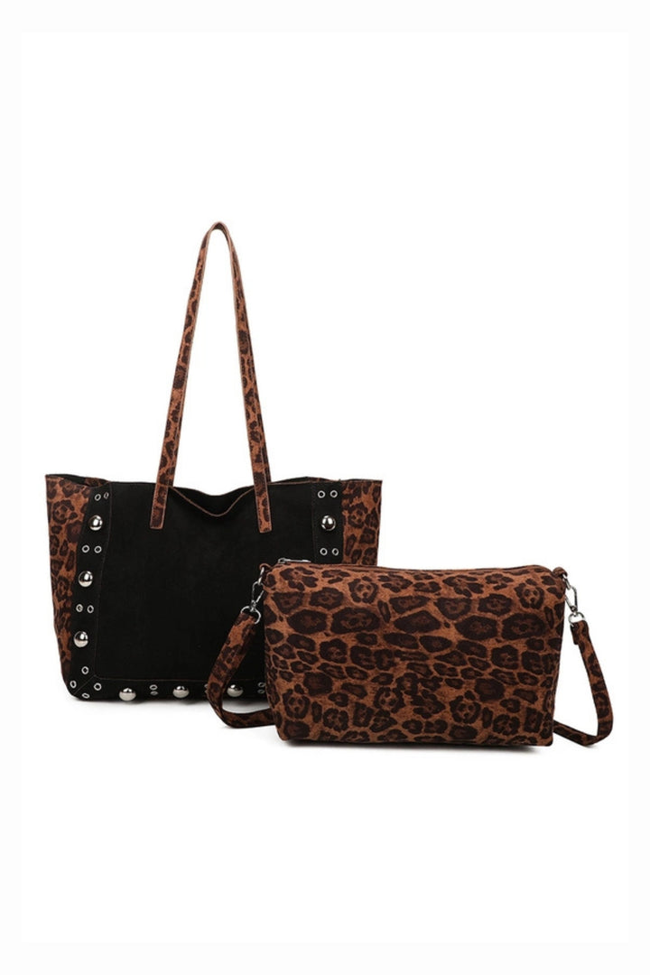 Leopard &amp; Black Suede Studded Tote Bag