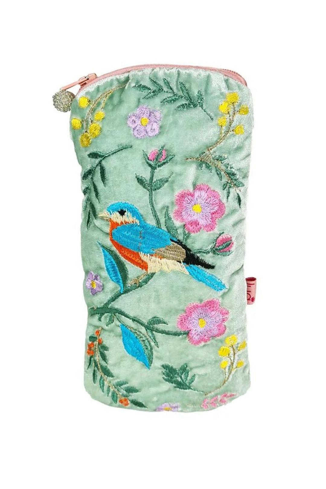 Lua Dusky Blue Embroidered Bird Zipped Velvet Glasses Case