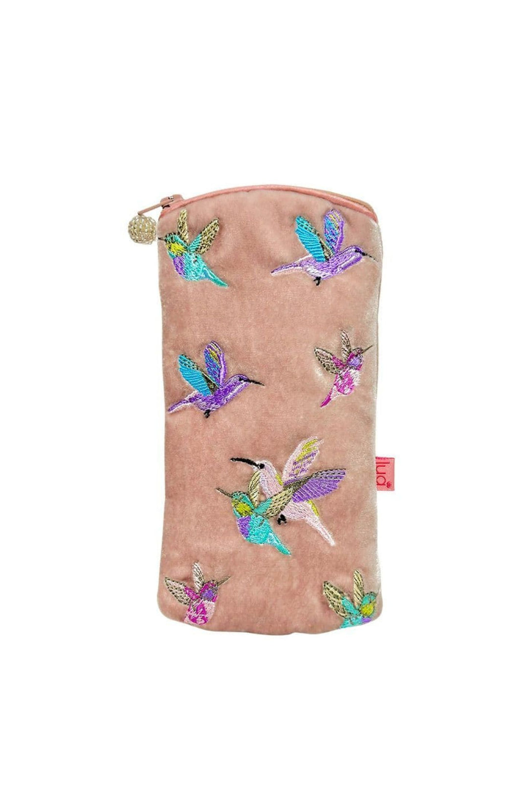 Lua Pink Embroidered Hummingbird Zipped Velvet Glasses Case