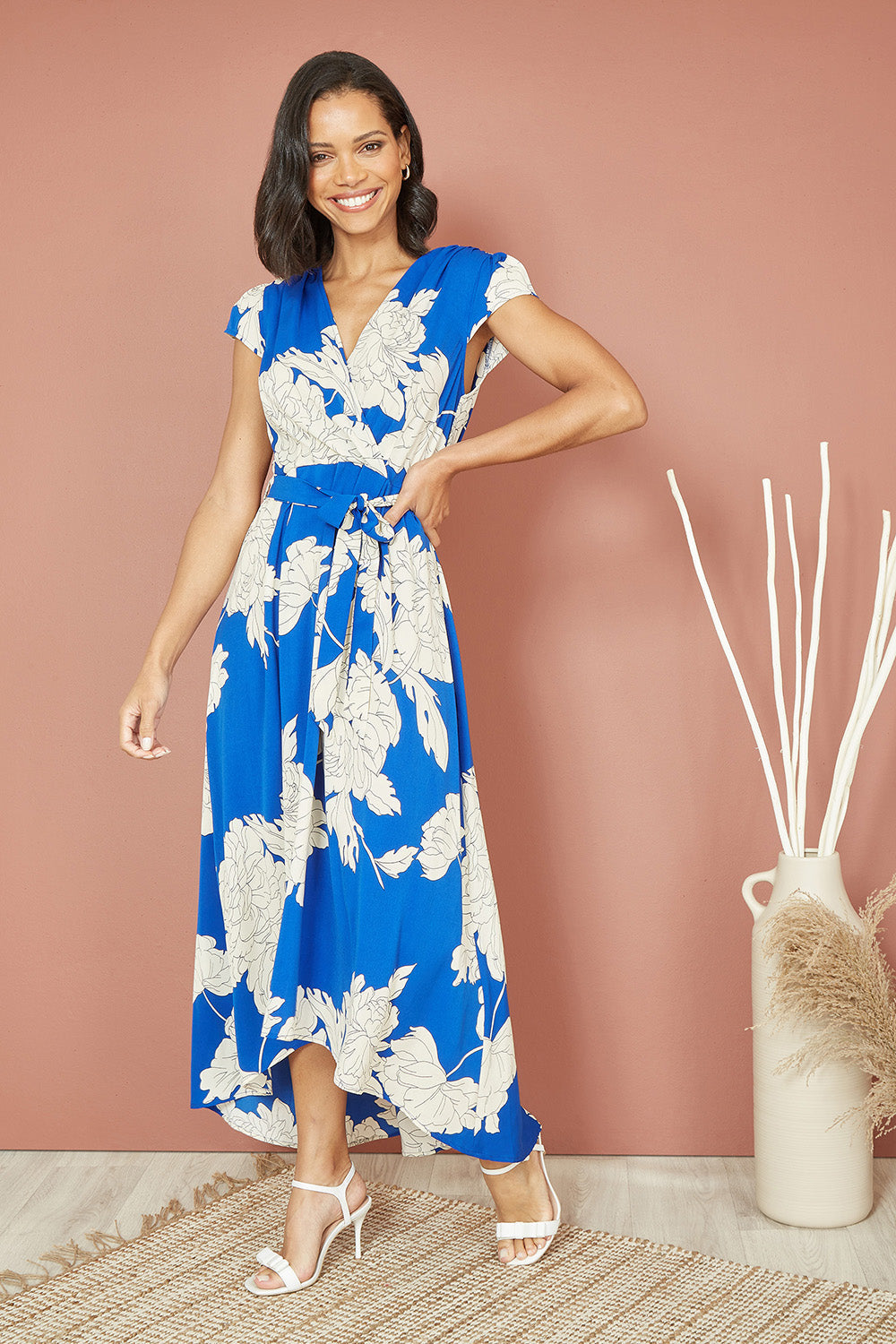 Mela Blue Blossom Print Wrap Midi With Dipped Hem
