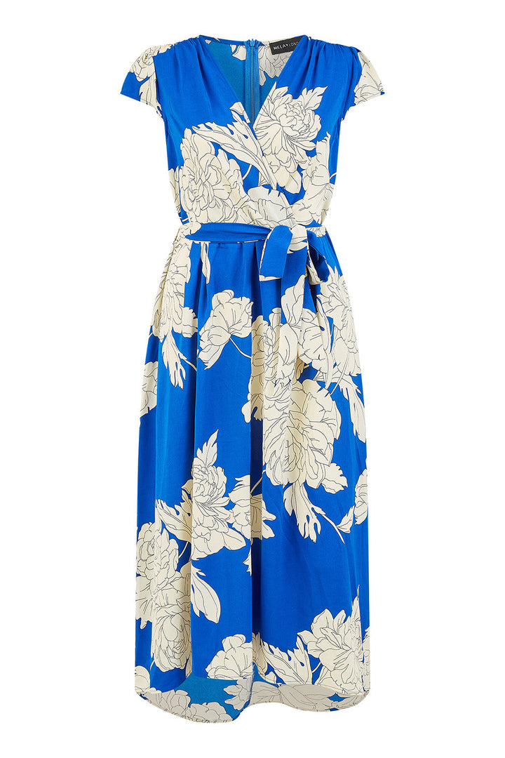 Mela Blue Blossom Print Wrap Midi With Dipped Hem