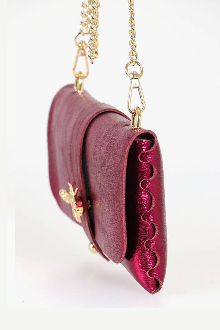 Magenta Bee Emblem Leather Clutch Bag with Gold Chain Strap