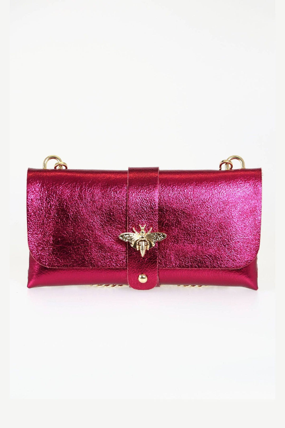 Magenta Bee Emblem Leather Clutch Bag with Gold Chain Strap