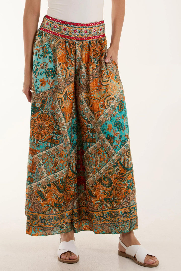 Mandarin & Turquoise Mosaic Art Print Wide Leg Pull-On Trousers