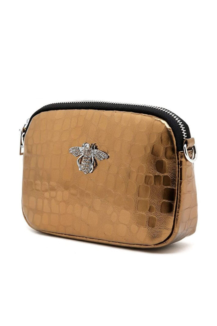 Metallic Copper Leather Bee Crystal Bag