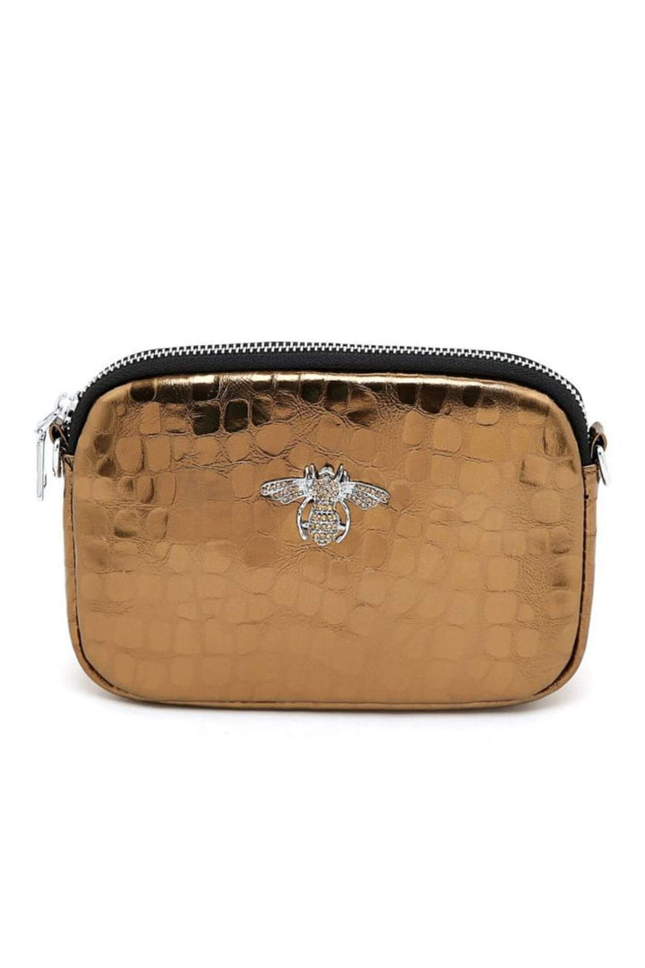 Metallic Copper Leather Bee Crystal Bag
