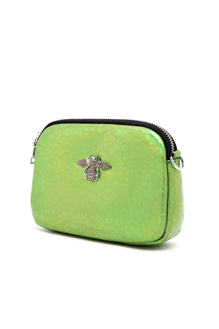 Metallic Green Leather Bee Crystal Bag