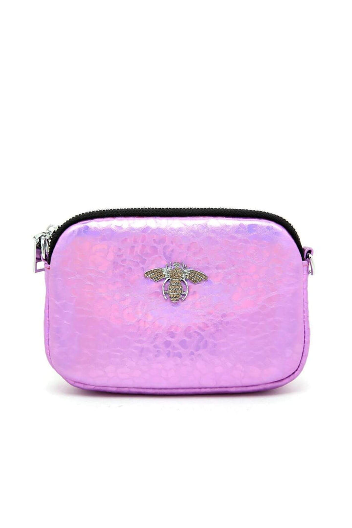 Metallic Pink Leather Bee Crystal Bag
