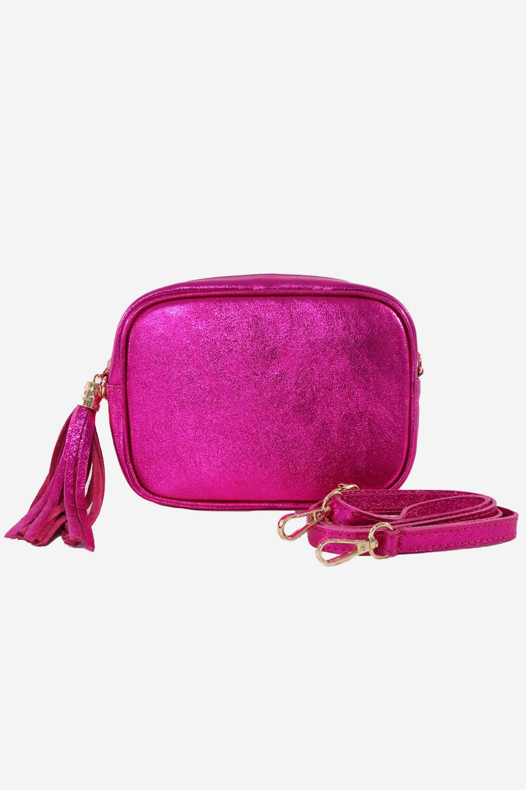 Metallic Raspberry Pink Leather Camera Bag