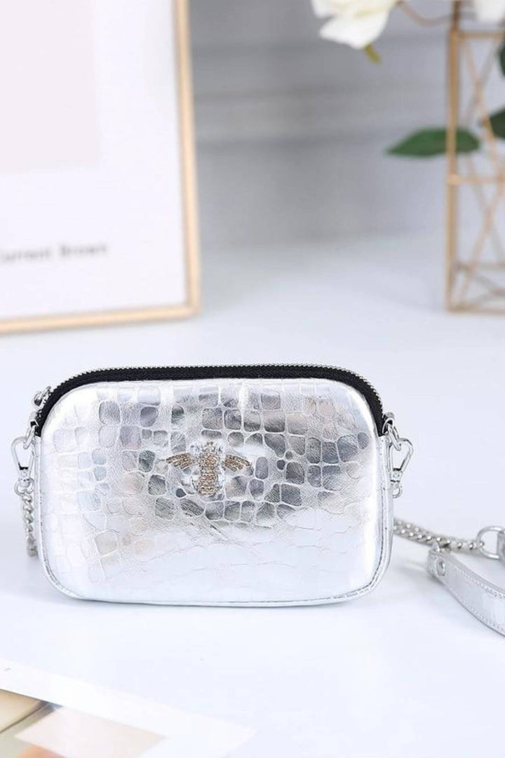 Metallic Silver Leather Bee Crystal Bag