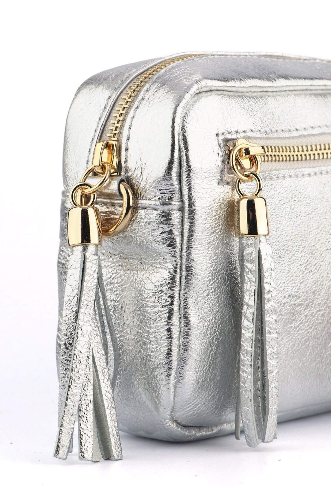 Metallic Silver Small Leather Crossbody Camera Bag