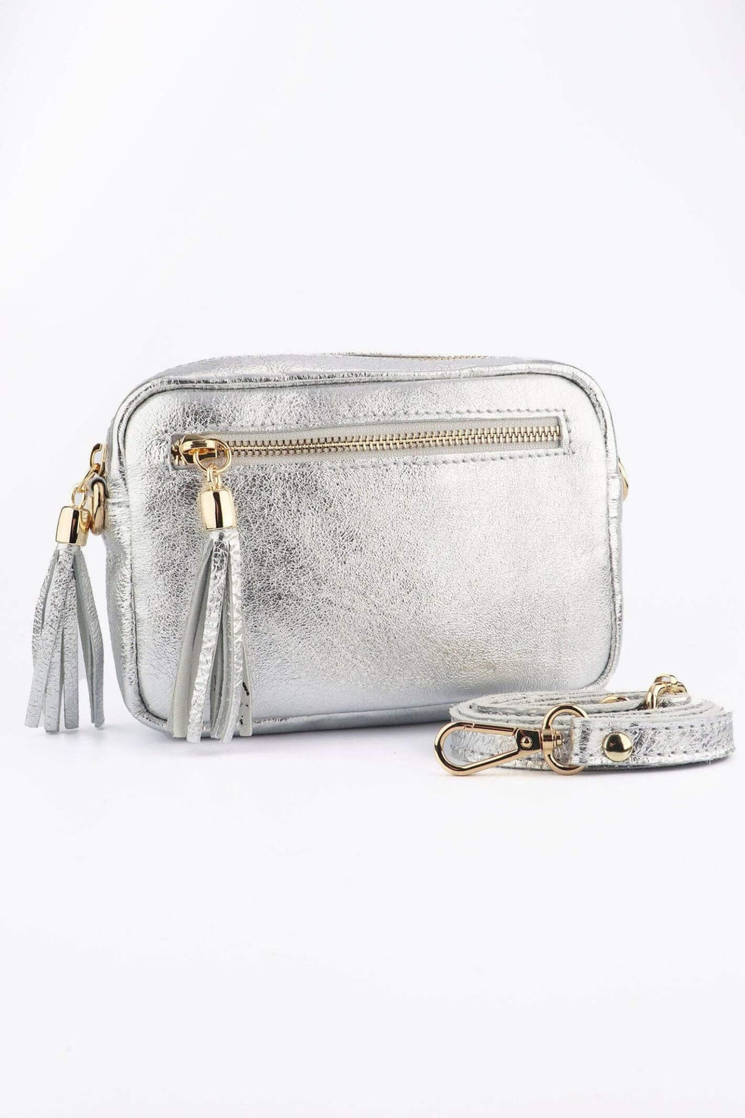 Metallic Silver Small Leather Crossbody Camera Bag