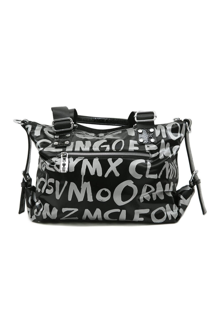 Metallic Silver & Black Graffiti and Eye Embellished Bag