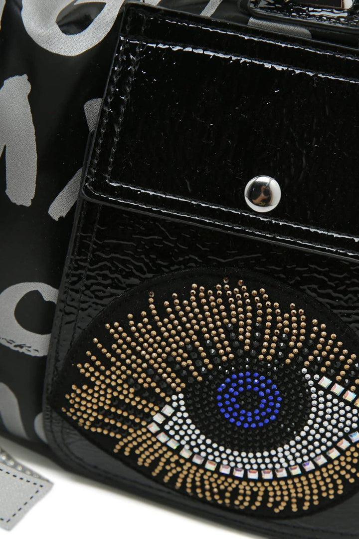 Metallic Silver & Black Graffiti and Eye Embellished Bag