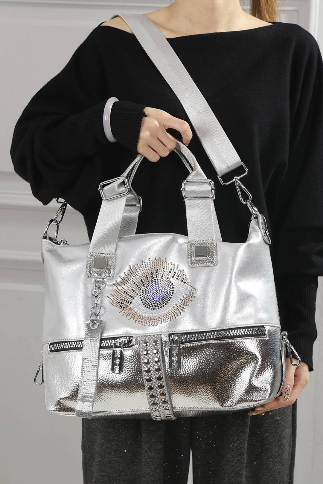 Metallic Slouchy Bag with Unique Eye Design in Silver