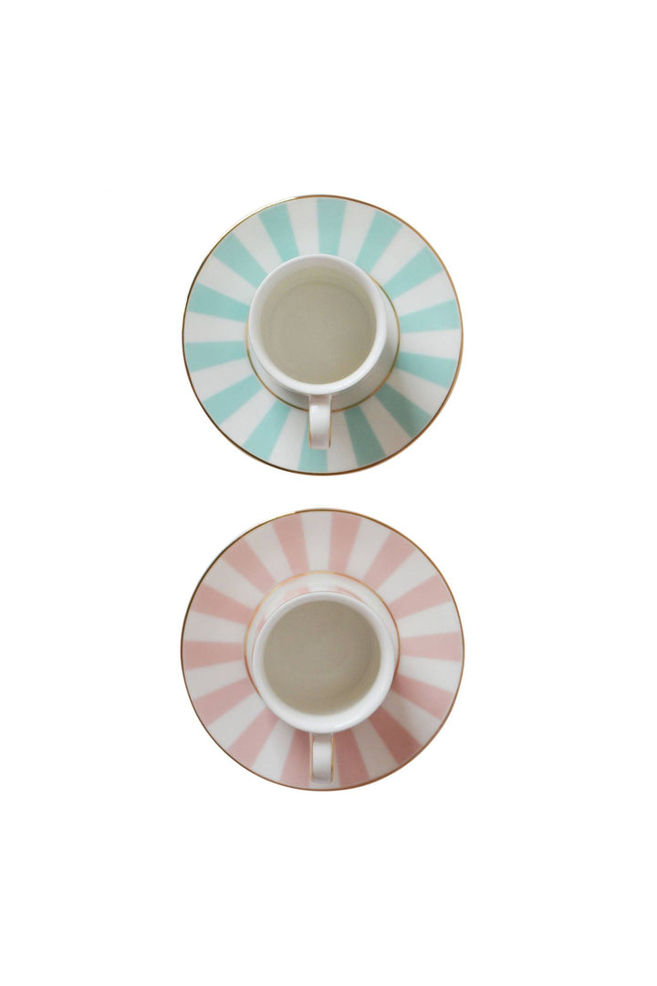 Bombay Duck Mint & Pink Stripy Espresso Cups & Saucers Set of 2
