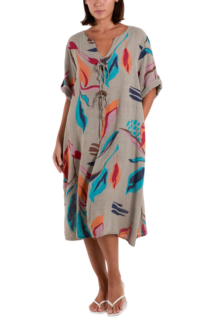 Mocca Leaf Print Cotton Midi Dress