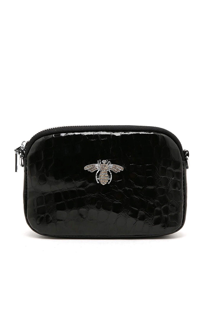 Mock Croc Black Leather Bee Crystal Bag