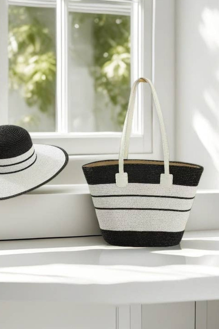 Monochrome Medium Size Striped Straw Basket Bag