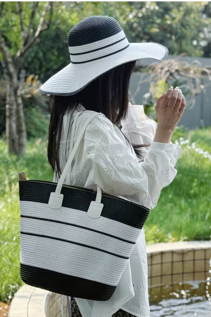Monochrome Medium Size Striped Straw Basket Bag