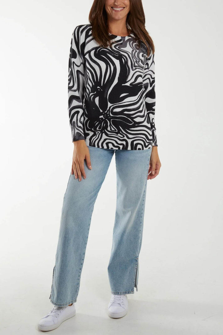 Monochrome Swirl Print Knitted Jumper