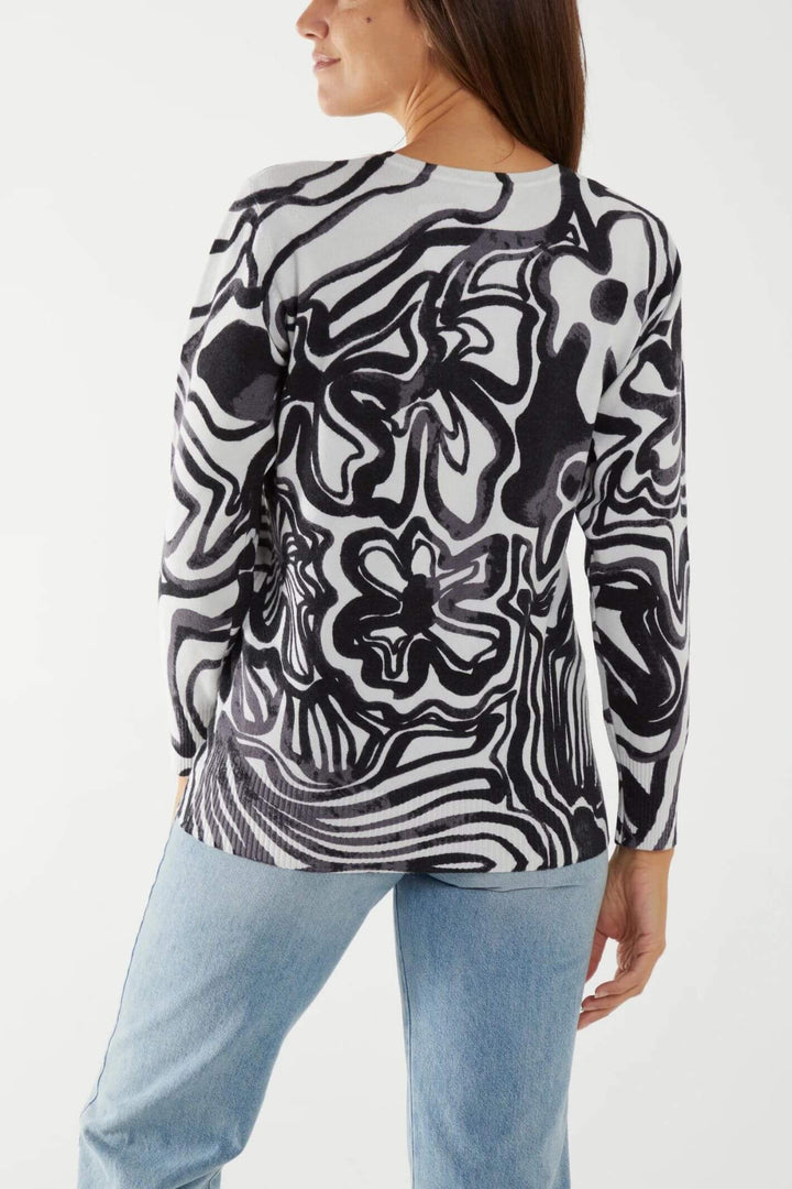 Monochrome Swirl Print Knitted Jumper