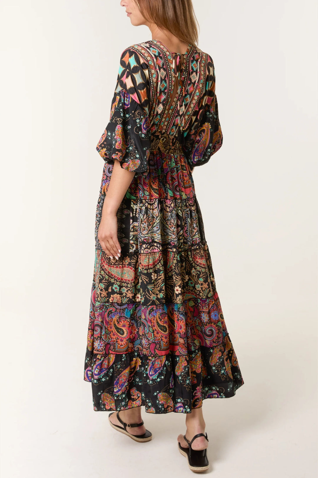Multi-Paisley Print Tiered V-Neck Maxi Dress