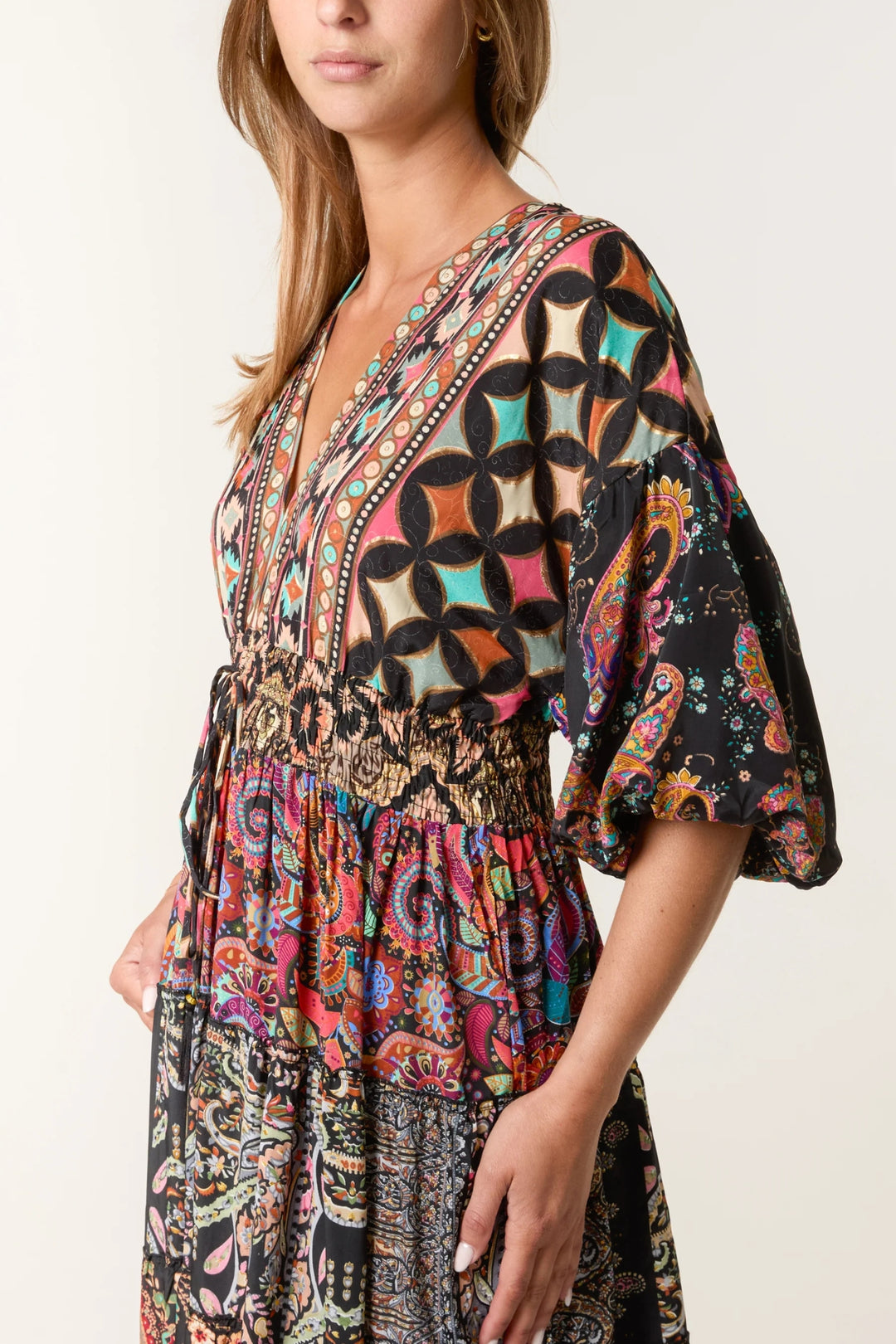Multi-Paisley Print Tiered V-Neck Maxi Dress