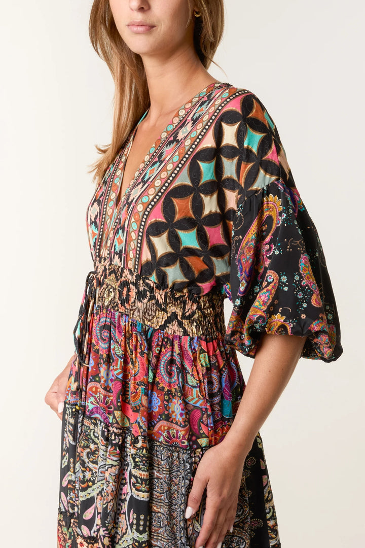 Multi-Paisley Print Tiered V-Neck Maxi Dress