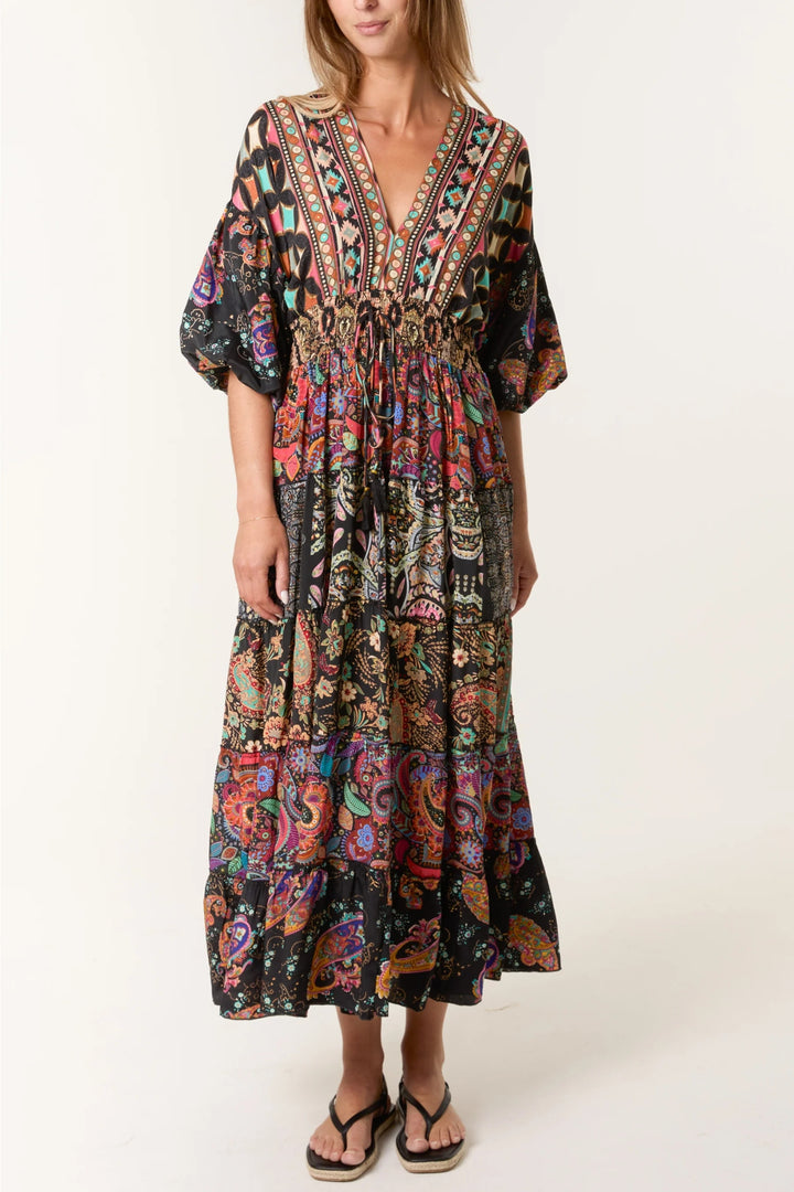 Multi-Paisley Print Tiered V-Neck Maxi Dress