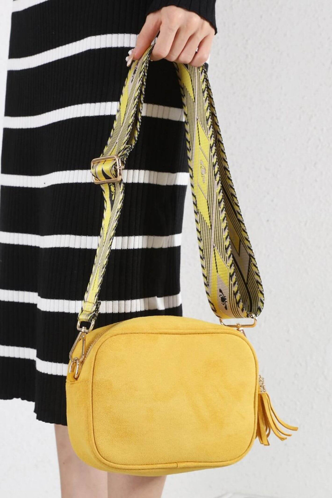 Mustard Faux Suede Camera Bag With Funky Strap