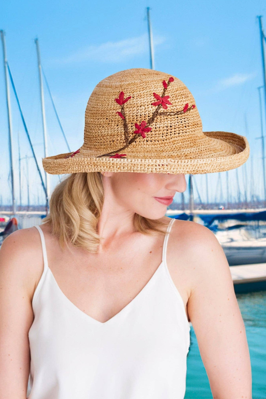 Natural Blossom Embroidered Raffia Hat