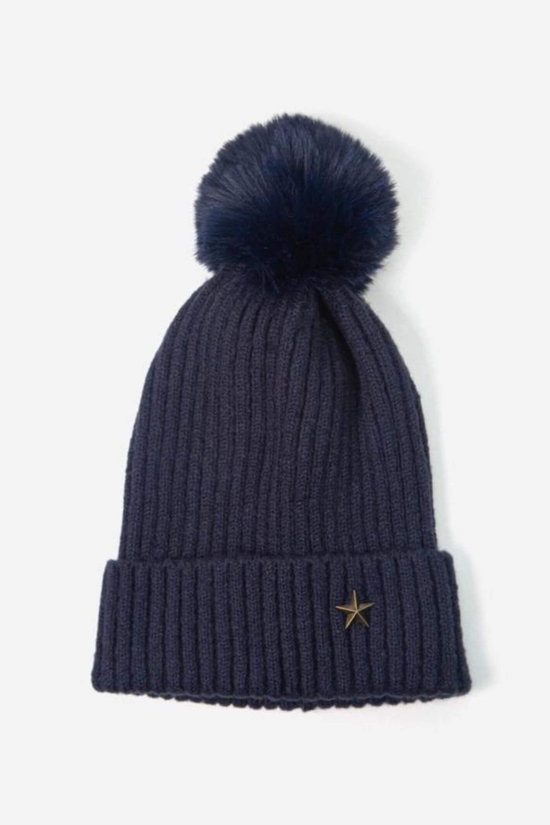 Navy Blue Metal Star Pom Pom Hat with Antique Gold Star