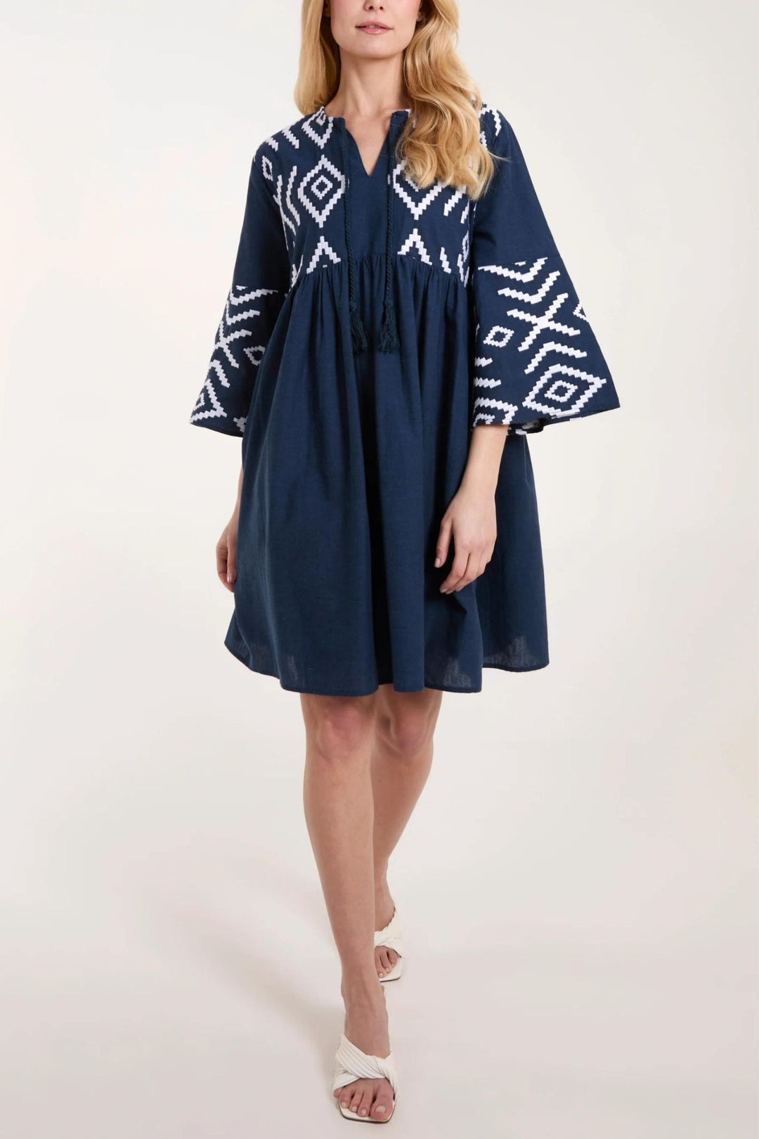 Navy Embroidered Cotton Smock Tunic