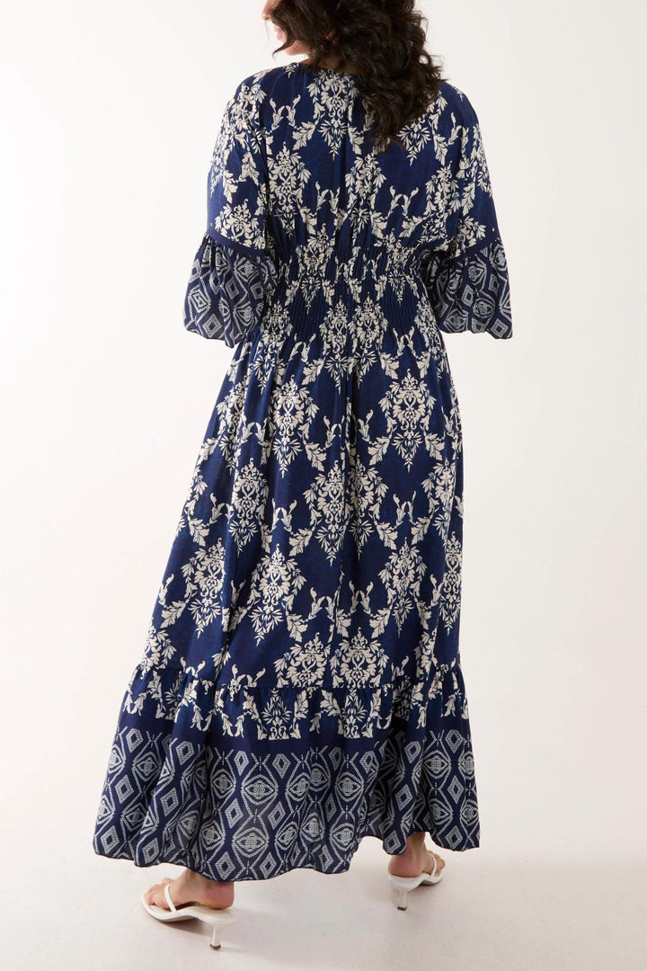 Navy Filigree Print V-neck Maxi Dress