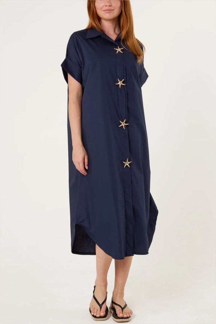 Navy Gold Starfish Button Midi Shirt Dress
