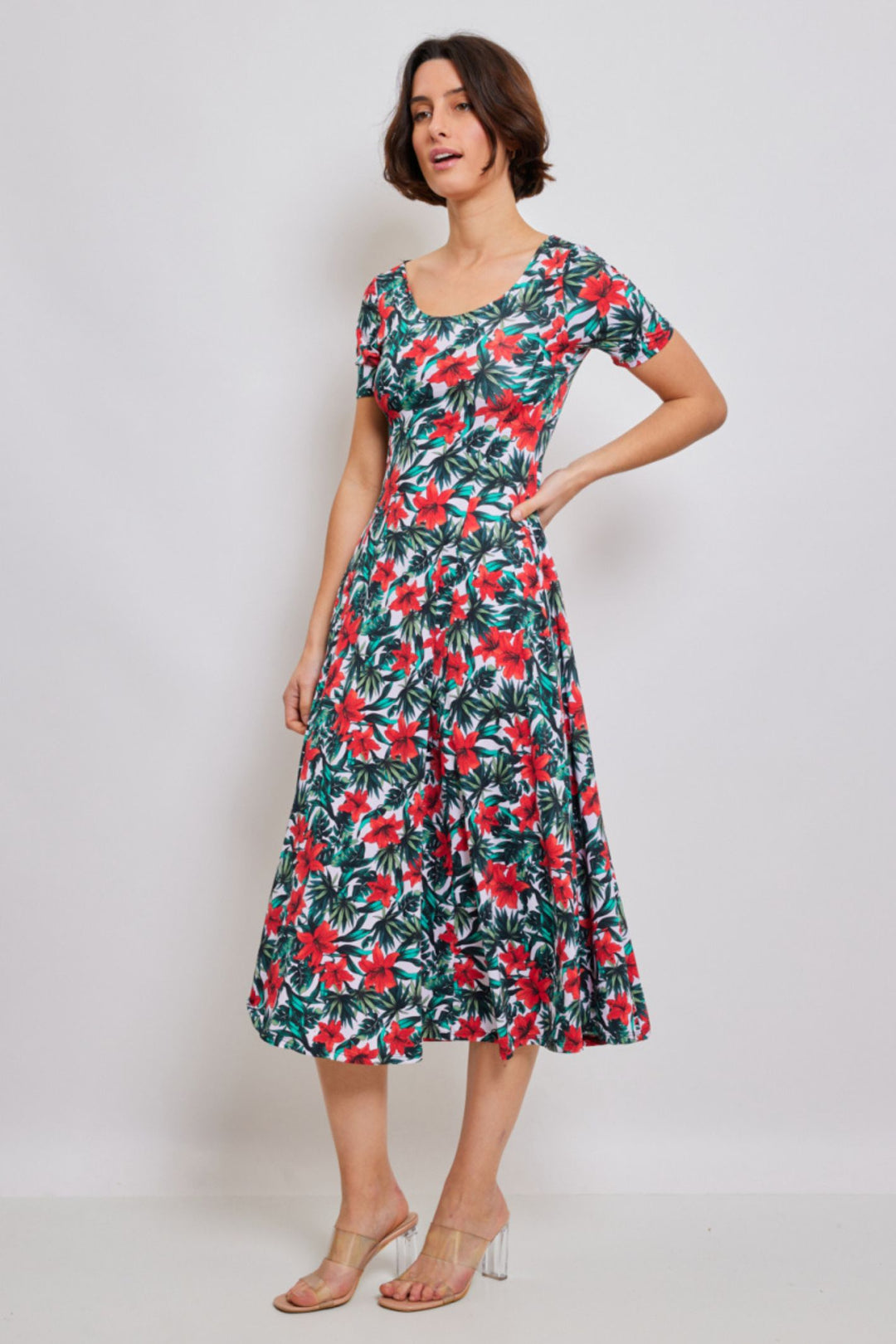 Green Lily Print Fit & Flare Dress