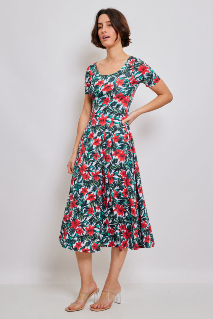Green Lily Print Fit & Flare Dress