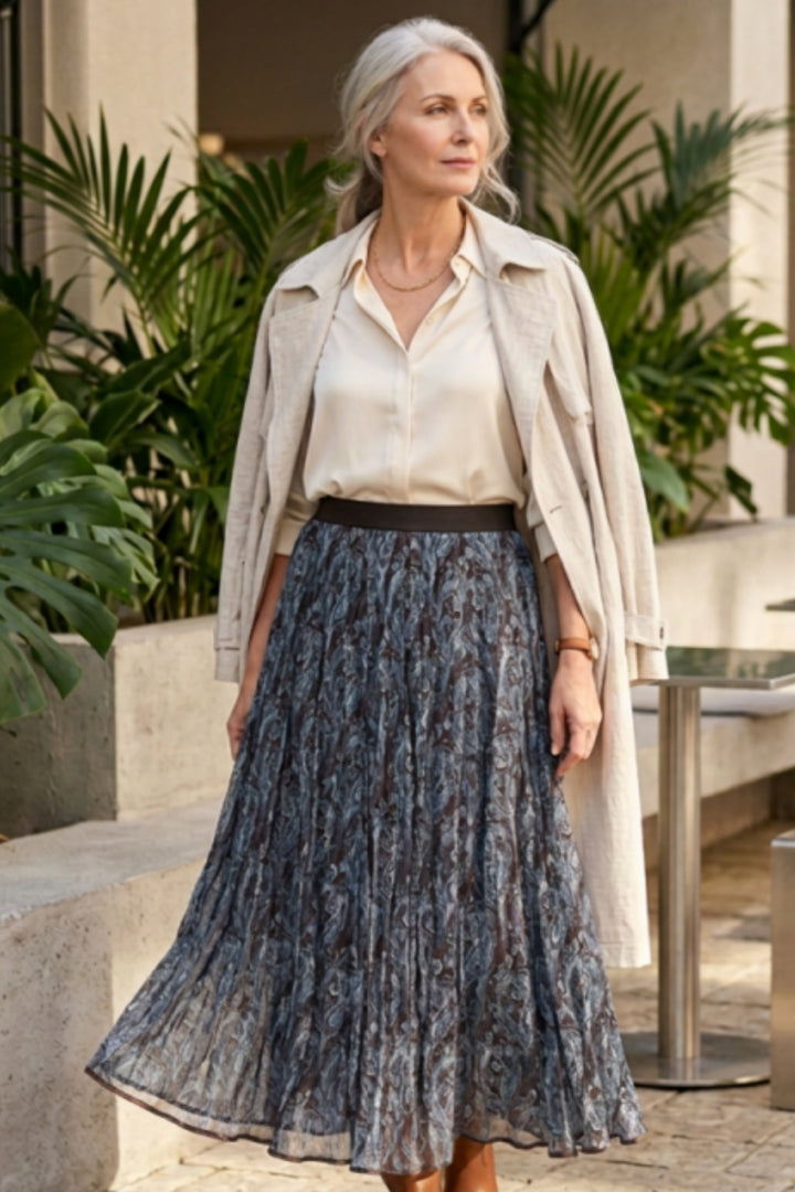 Navy Paisley Pleated Maxi Flowy Skirt
