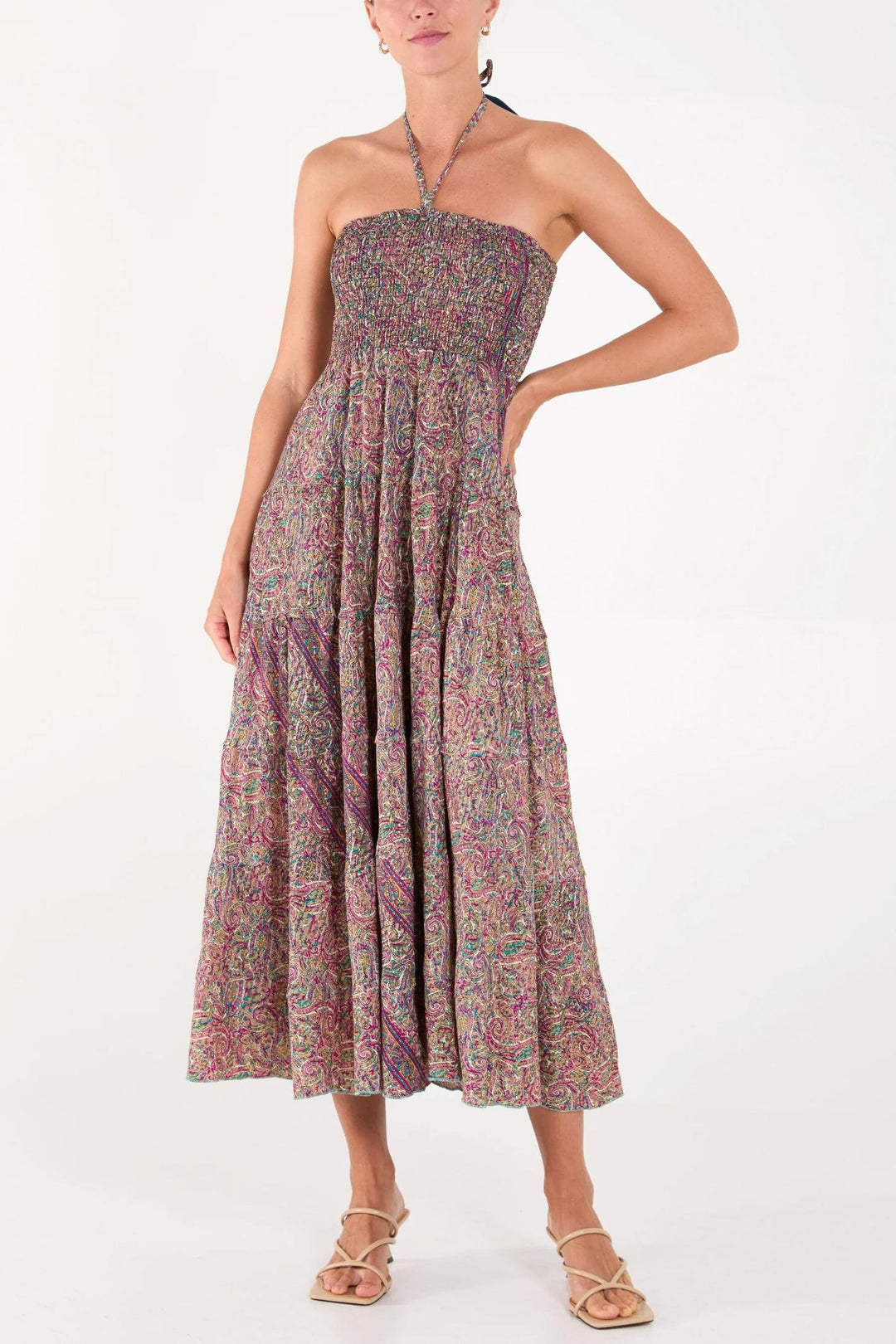 Jewel Tones Paisley Print Silky Bandeau Midi Dress