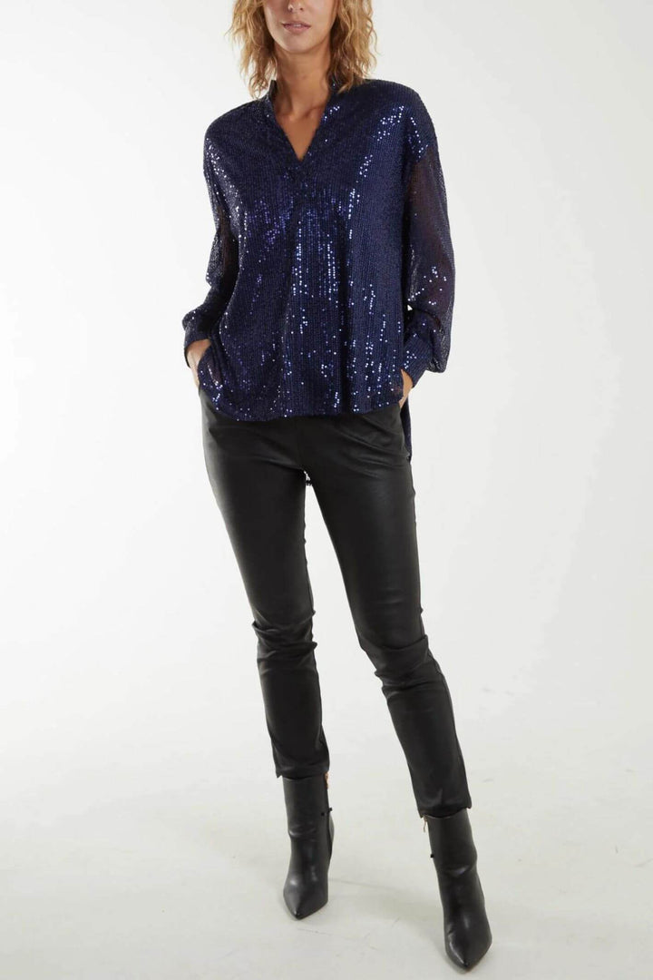 Navy Sequin Grandad Collar Sequin Shirt