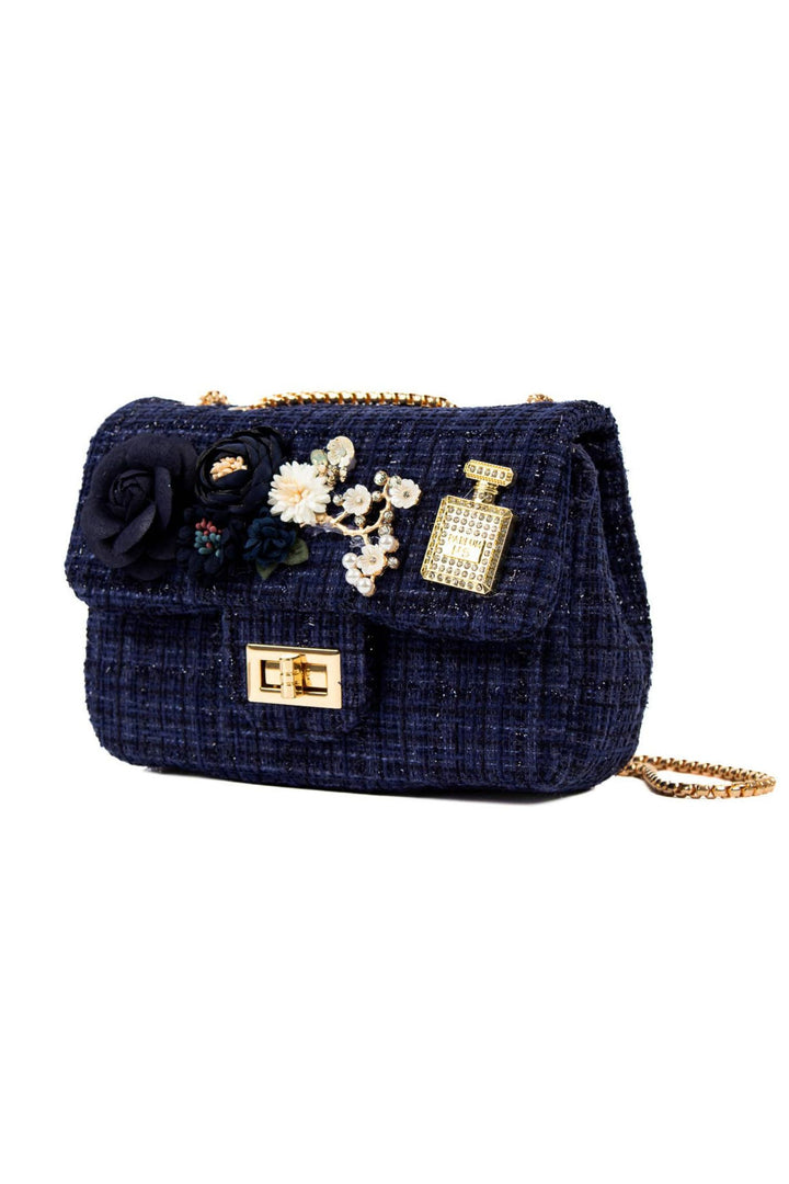Navy Shimmer Tweed Embellished Handbag