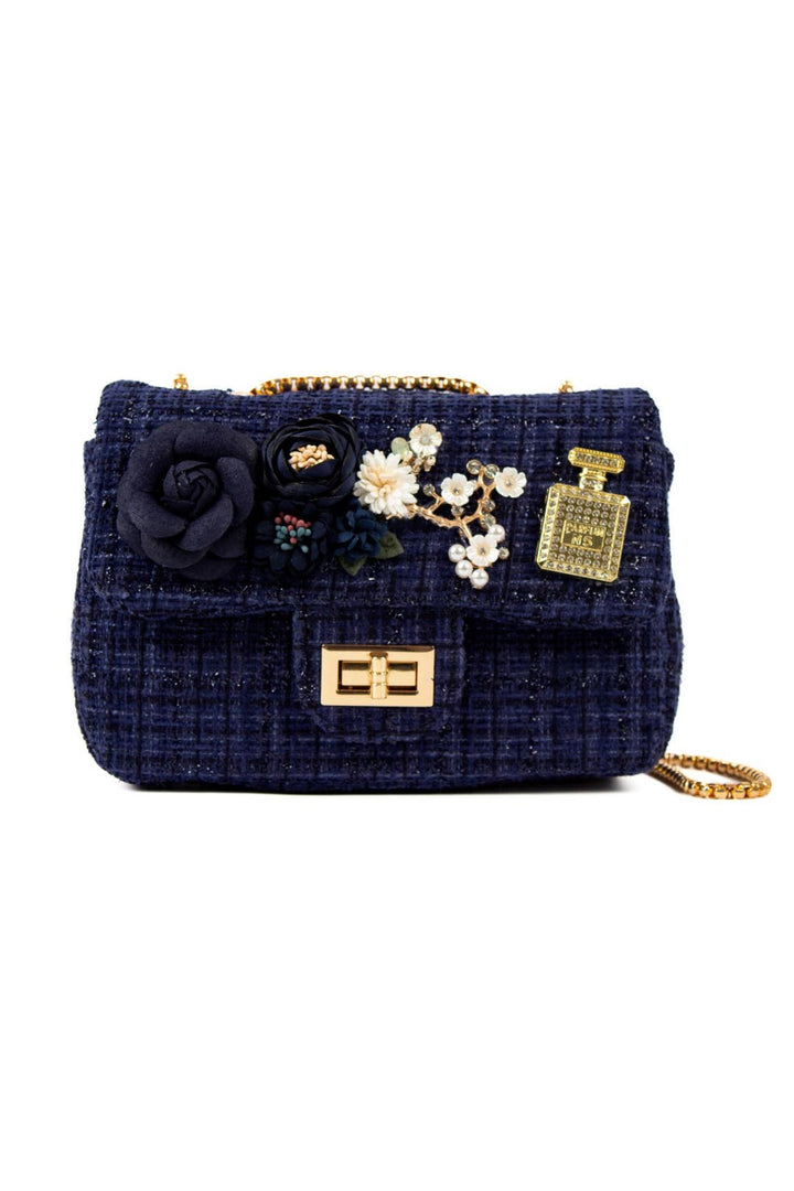 Navy Shimmer Tweed Embellished Handbag