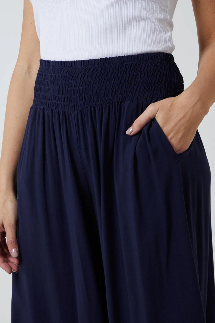 Navy Shirred Waistband Wide Leg Trousers