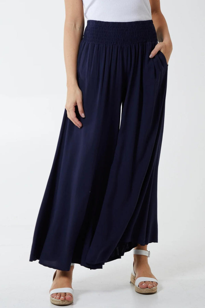 Navy Shirred Waistband Wide Leg Trousers